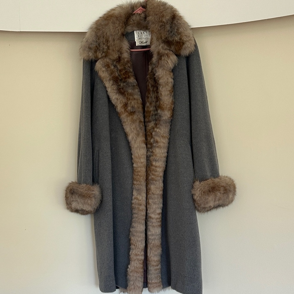 Saks Fifth Avenue Gray Wool Coat with Brown Fur